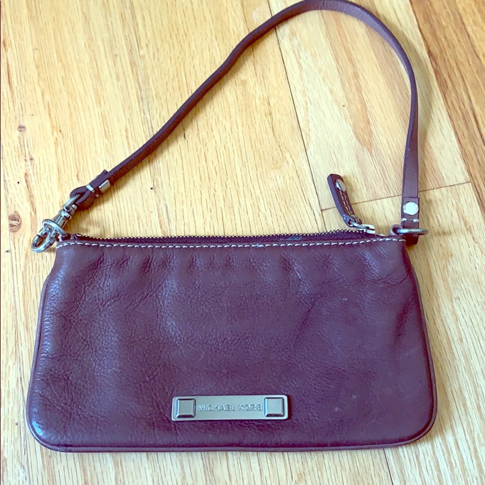 Brown leather MK wristlet